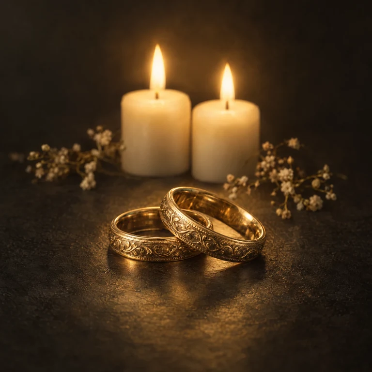 Anillos dorados y dos velas, símbolos de reencuentro y conexión