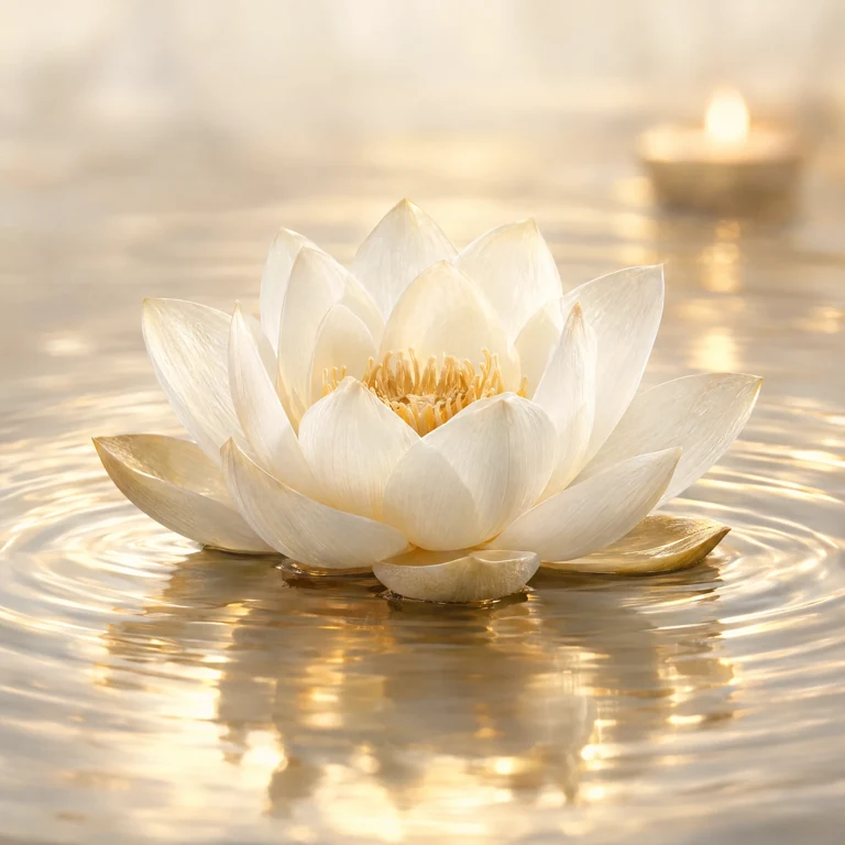 Flor de loto blanca sobre agua serena con reflejos dorados